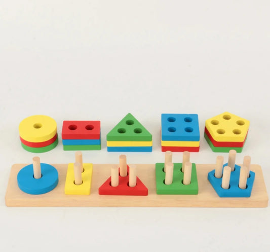 Wooden Geometric Shape Five Sets of Columns Puzzle Toy